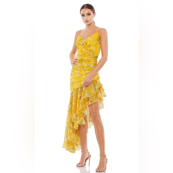 IEENA for Mac Duggal Size 8 Dress Yellow Floral Asymmetrical Ruffled Prom - Picture 1 of 14